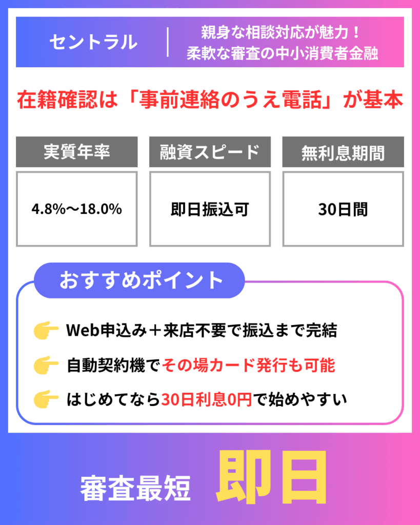 セントラル|親身な相談対応が魅力!柔軟な審査の中小消費者金融