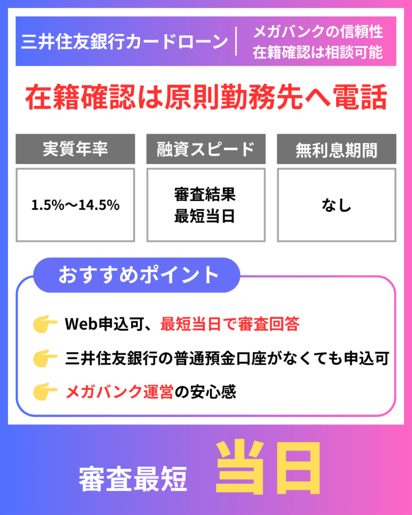 三井住友銀行カードローン|メガバンクの信頼性、在籍確認は相談可能