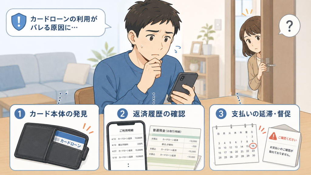カードローン利用中は、カード本体や返済履歴、支払いの延滞がバレる原因になる