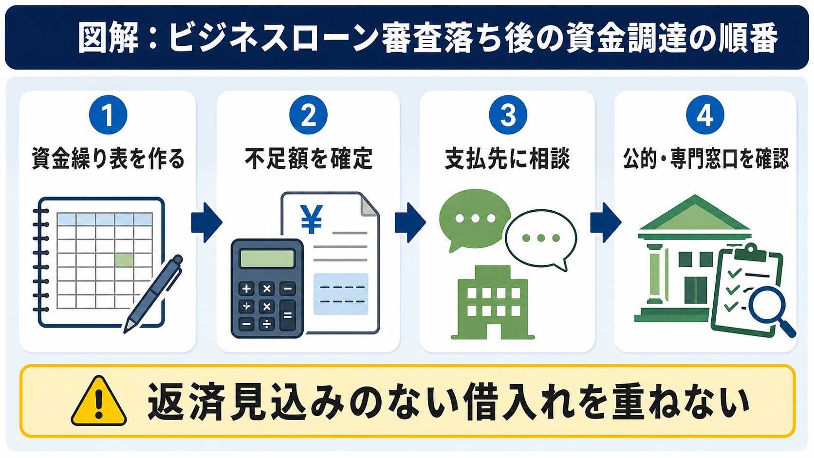 アイフルのビジネスローン審査に落ちた後に確認する資金調達の順番を示した図解