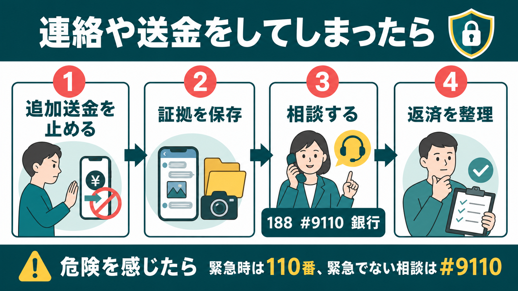 ソフト闇金へ連絡や送金をした場合の4段階の対処手順を示した図解