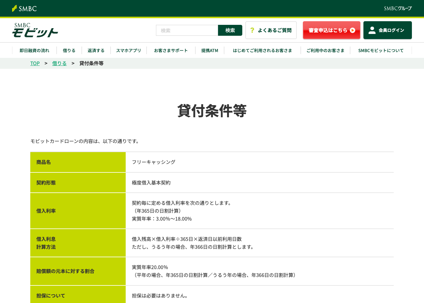 SMBCモビット公式の貸付条件画面