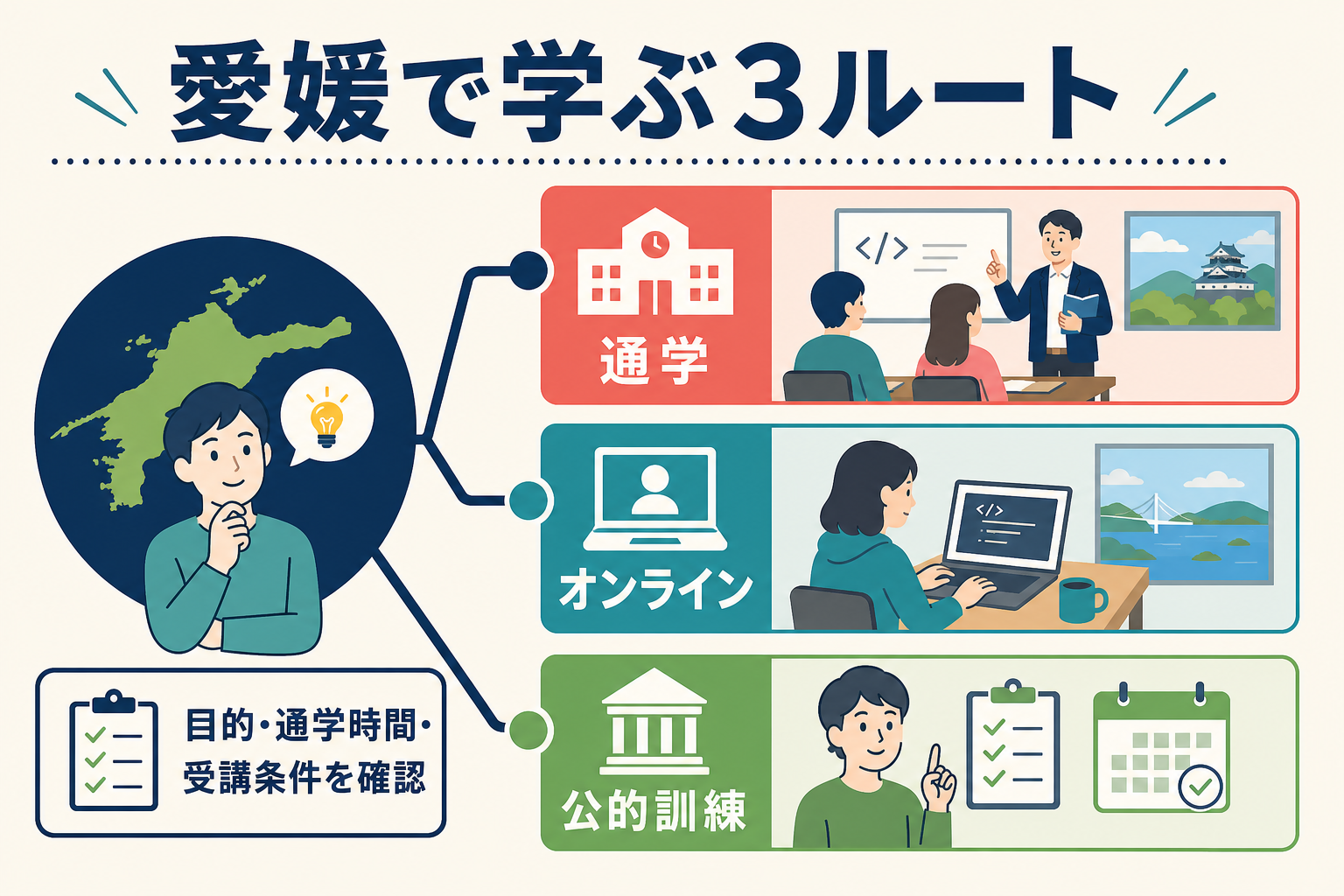 愛媛で学ぶ通学・オンライン・公的訓練の3ルートを示す図解