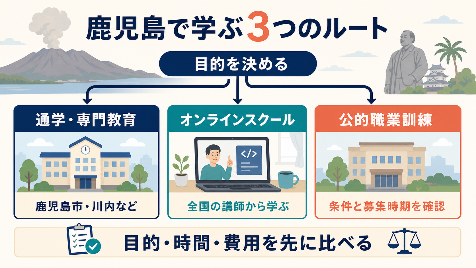 鹿児島でプログラミングを学ぶ通学・専門教育・オンライン・公的職業訓練の3つのルート