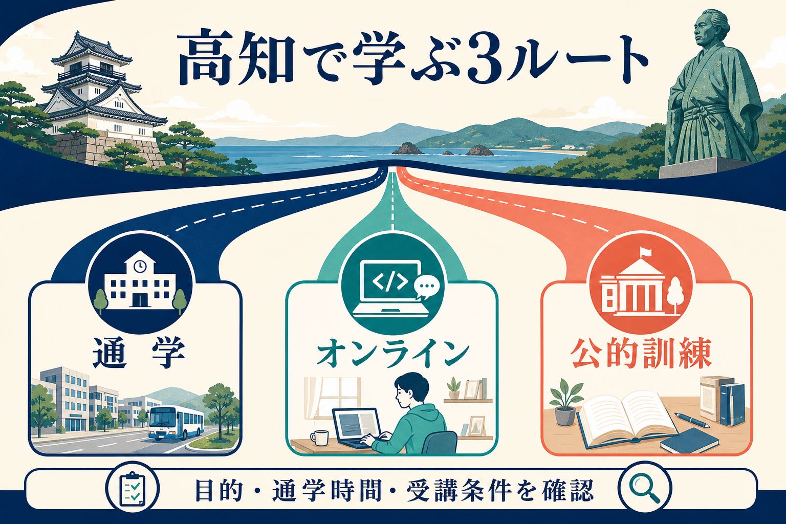 高知で学ぶ通学・オンライン・公的訓練の3ルートを示す図解