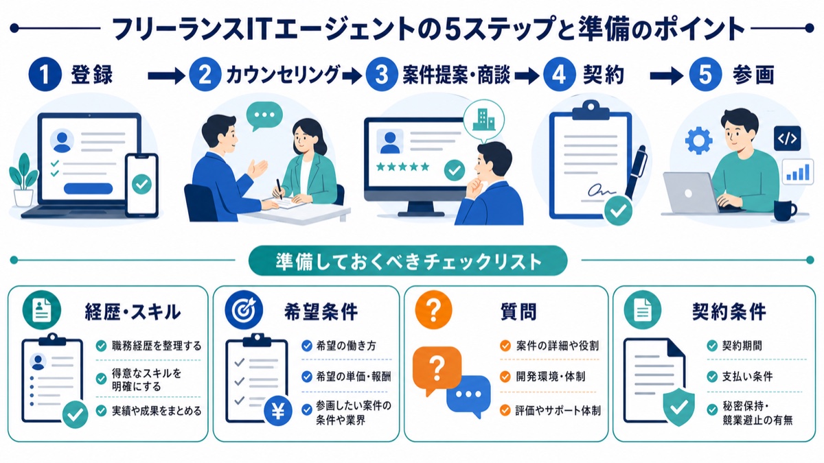 レバテックフリーランスの登録から案件参画までの5ステップと準備項目を整理した図解