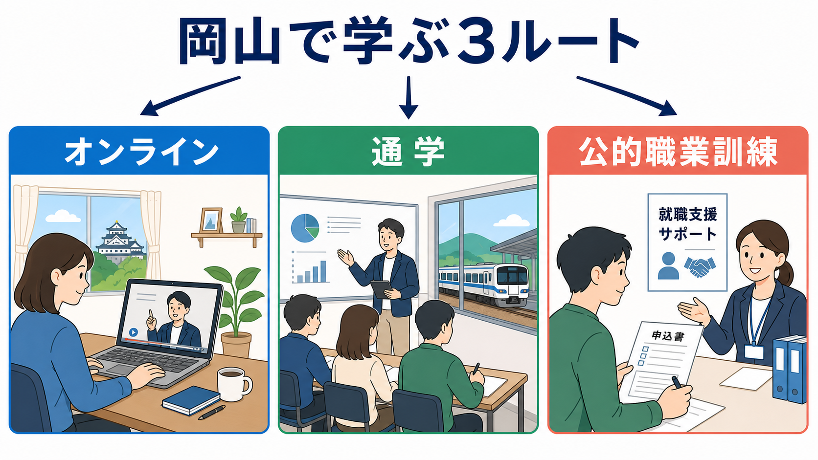 岡山でプログラミングを学ぶオンライン、通学、公的職業訓練の3ルートを示した図解