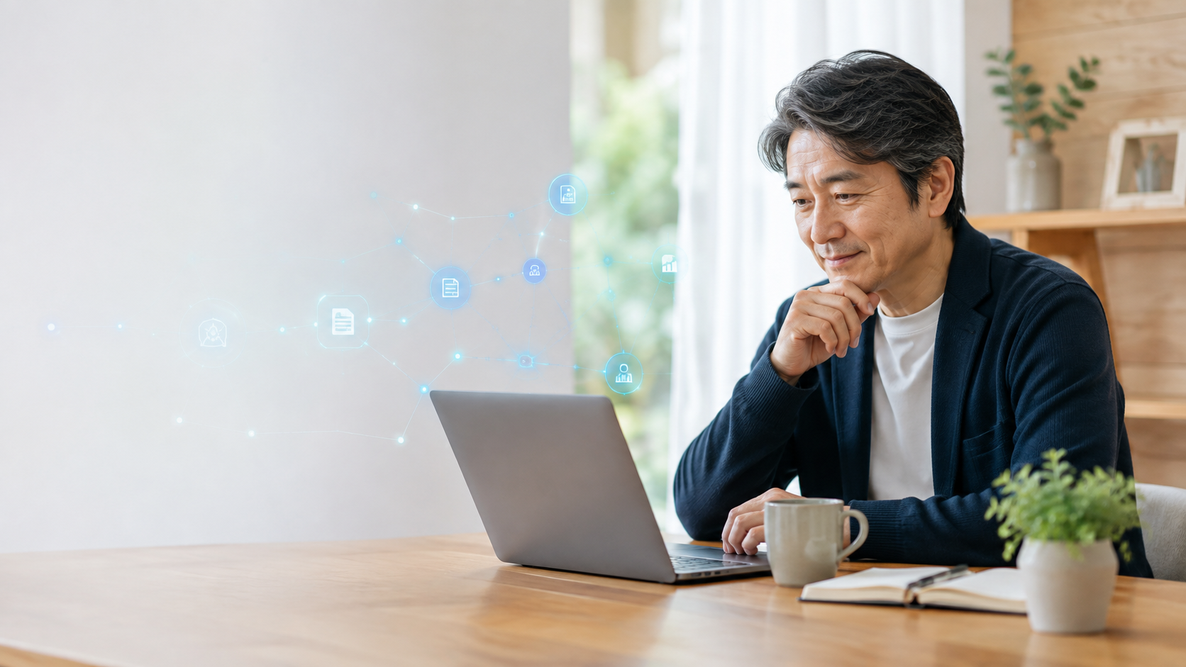 ノートPCでAI副業を学ぶ50代の人物