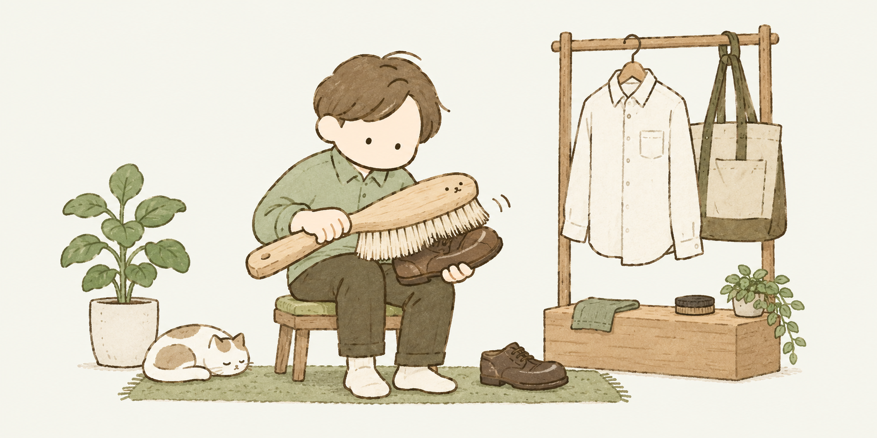 面談に出かける前に、靴やかばん、服の状態を確認するエンジニア