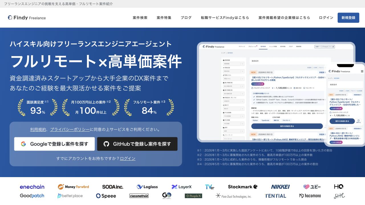 Findy Freelance公式サイトのトップページ